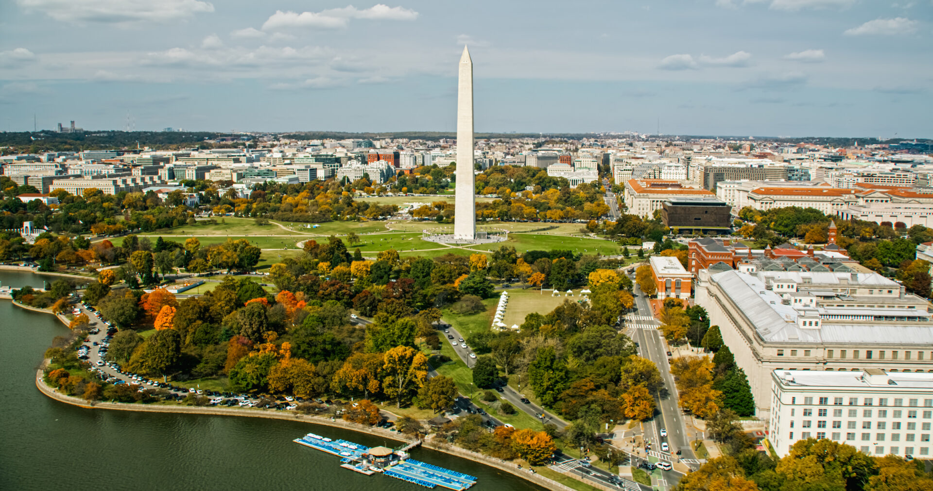 Helicopter shot of the Washington Monument from over Tidal Basin in Washington, D.C. in Fall.