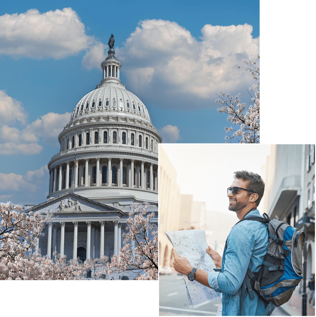 Traveler with map near Capitol building.