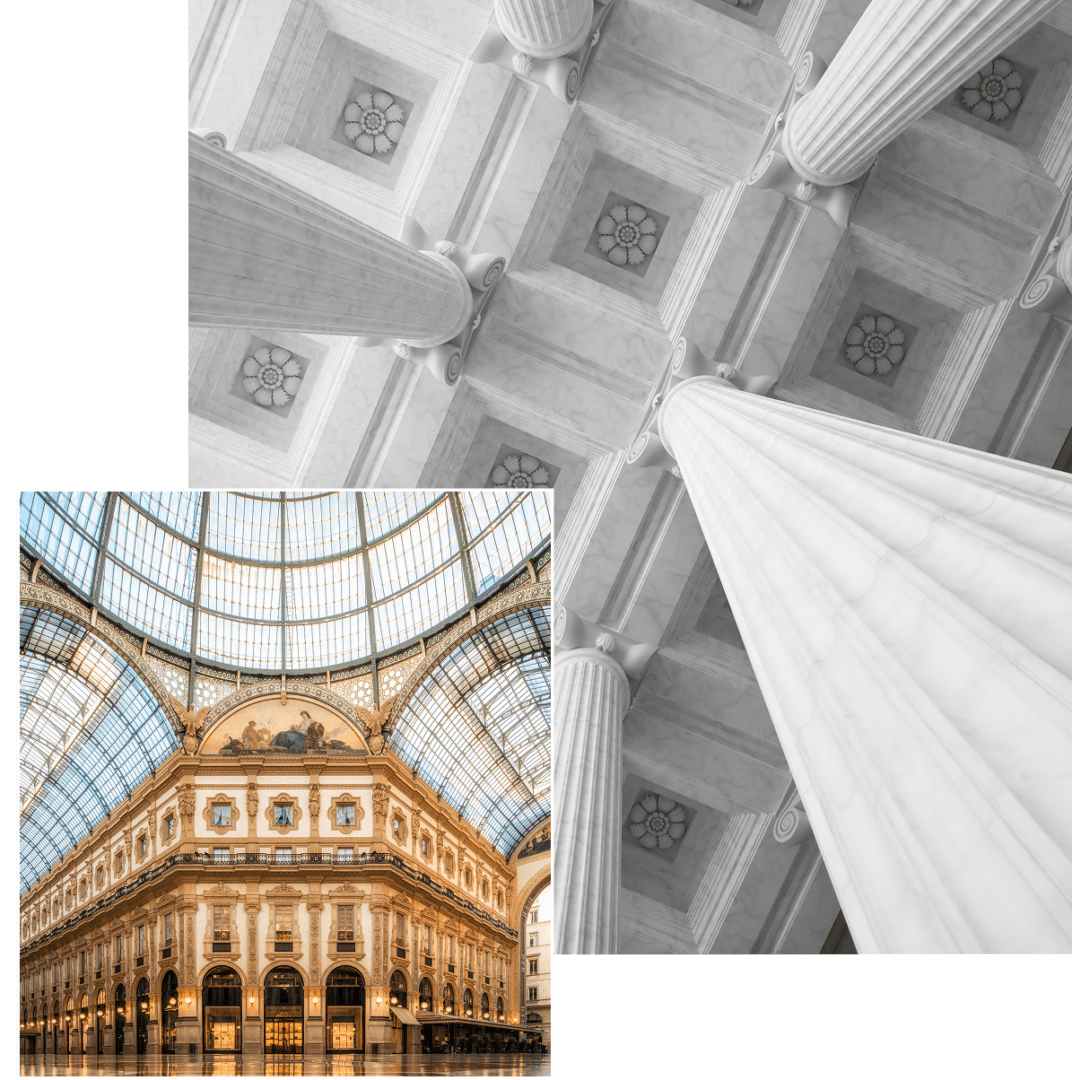 Ornate architectural columns and detailed ceiling.