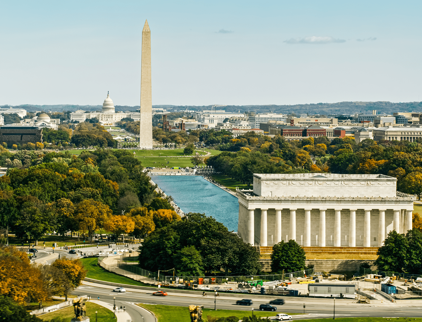 Washington D.C. landmarks with reflecting pool view.
